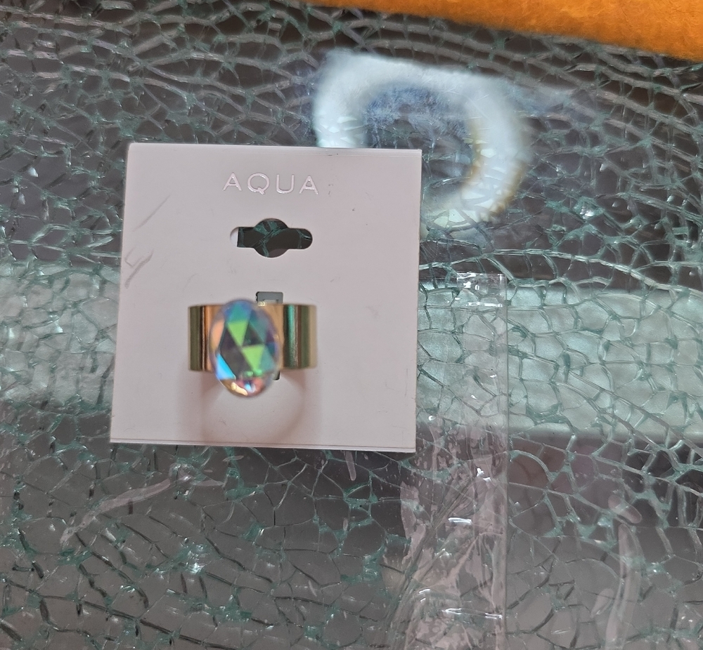 Aqua Gold-Tone Ring with Iridescent Oval Crystal
